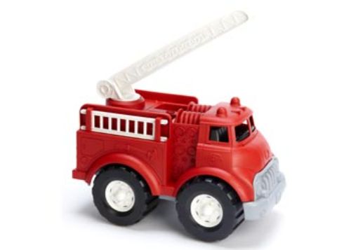 Eco-friendly Green Toys Fire Truck in vibrant red with 360-degree ladder and removable side ladders, safe for kids aged 1+.