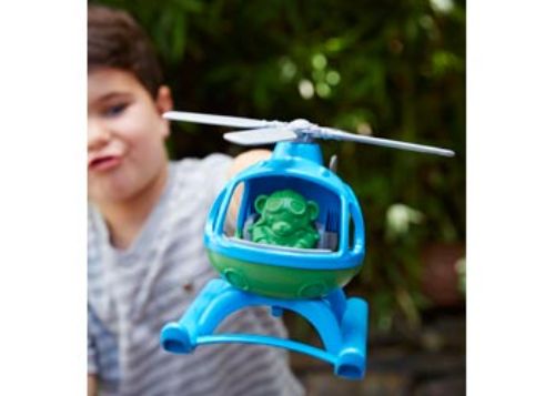 Eco-friendly blue helicopter toy made from recycled plastic, featuring spinning rotors, a pilot bear, and a detailed cockpit.