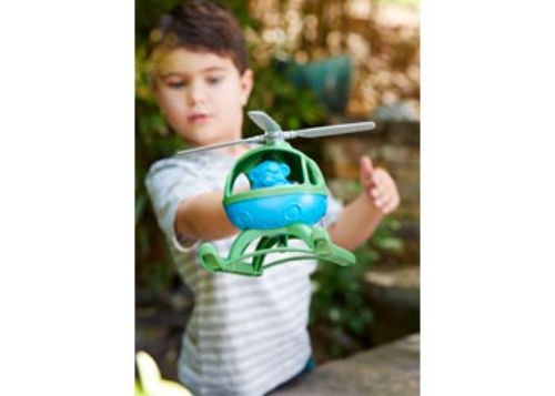 Eco-friendly blue helicopter toy with spinning rotors, pilot bear, and dishwasher-safe design made from recycled plastic.