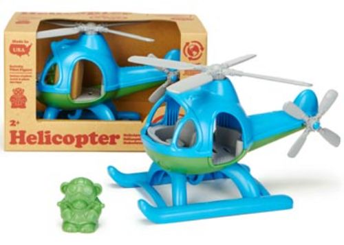 Blue eco-friendly helicopter toy made from recycled plastic, featuring spinning rotors and a pilot bear for imaginative play.