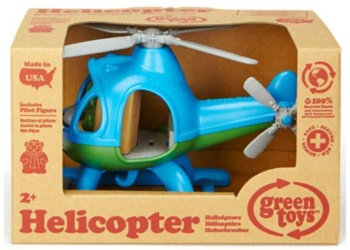 Blue Green Toys helicopter made from recycled plastic, features spinning rotors, pilot bear figure, and eco-friendly design.
