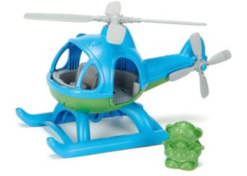 Blue eco-friendly helicopter toy made from recycled plastic, features spinning rotors and a pilot bear figure for imaginative play.