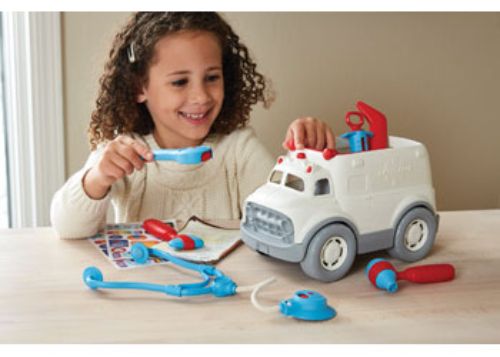Eco-friendly Green Toys Ambulance & Doctor's Kit with stethoscope, syringe, and more; perfect for imaginative medical play.