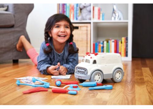 A green toy ambulance kit with medical tools for imaginative play, teaching kids about healthcare and easing doctor visit fears.