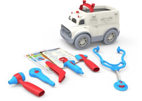 Eco-friendly Green Toys ambulance kit with medical tools, encouraging imaginative play and easing anxiety about doctor visits.