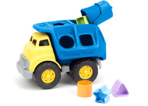 Eco-friendly Green Toys Shape Sorter Truck with 4 colorful shapes, hinged garbage bin, and functional backdoor for toddlers.