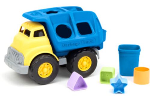 Eco-friendly Green Toys Shape Sorter Truck with 4 vibrant shapes, featuring a hinged bin for imaginative play and skill development.