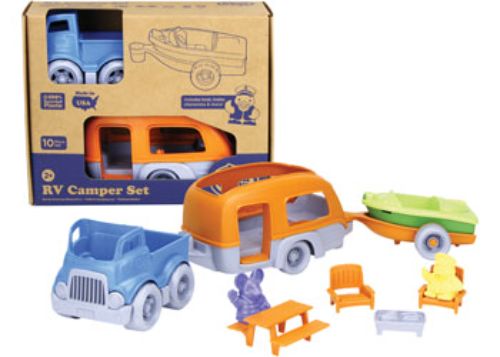 Eco-friendly Green Toys RV Camper Set featuring a camper van, two figures, and accessories for imaginative play.