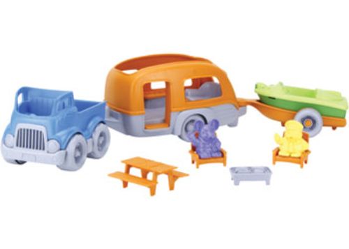 Eco-friendly Green Toys RV Camper Set with camper van, two figures, and accessories for imaginative adventures.