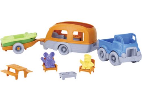 Eco-friendly Green Toys RV camper set with a colorful van, two figures, and accessories for imaginative play.