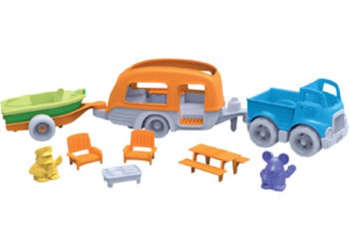 Image of the Green Toys RV Camper Set featuring a vibrant camper van, two figures, and eco-friendly accessories for imaginative play.