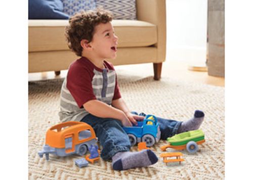 Colorful Green Toys RV Camper Set with camper van, figures, and accessories for imaginative play and eco-friendly adventures.