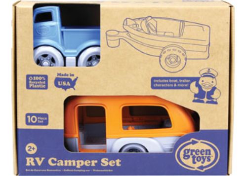 Alt text: Eco-friendly Green Toys RV Camper Set featuring a vibrant camper van and two figures for imaginative outdoor adventures.