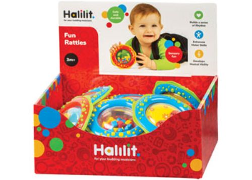Colorful Halilit Fun Rattles with multi-textured designs enhance sensory exploration and fine motor skills for infants.