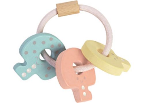 PlanToys Key Rattle in pastel colors for infants, promoting sensory exploration and fine motor skills development.