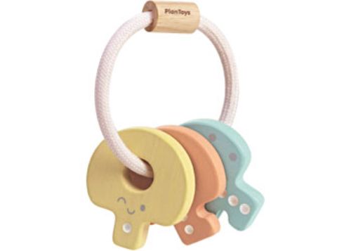 PlanToys Key Rattle in pastel colors, designed for infants to promote sensory exploration and fine motor skills.
