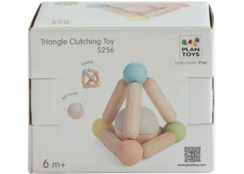 Colorful triangle clutching toy made from sustainable wood, promoting sensory play and fine motor skills in infants.