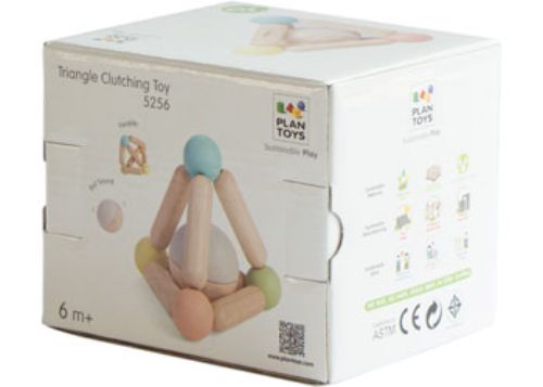 Colorful triangle clutching toy made from sustainable rubberwood, promotes sensory play and fine motor skills for infants.