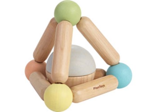 Colorful triangle-shaped clutching toy made of eco-friendly rubberwood, designed to enhance infants' sensory play and motor skills.
