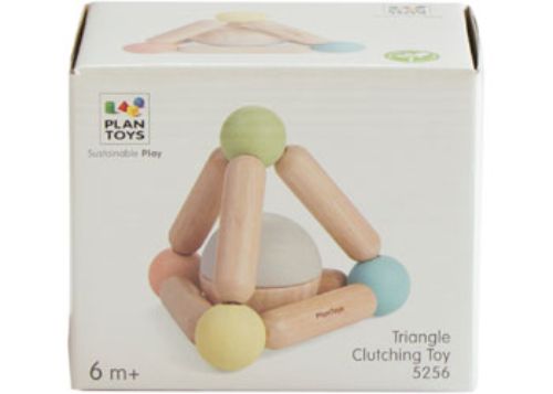 Colorful triangle clutching toy made from sustainable rubberwood, designed to enhance sensory exploration and fine motor skills in infants.