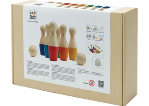 Colorful eco-friendly bowling set for kids aged 2+, promoting motor skills and outdoor play. Perfect for social interactions.