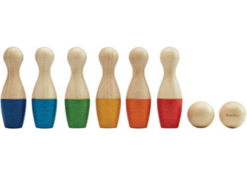 Colorful eco-friendly bowling set for kids, promoting motor skills and imaginative play indoors and outdoors.