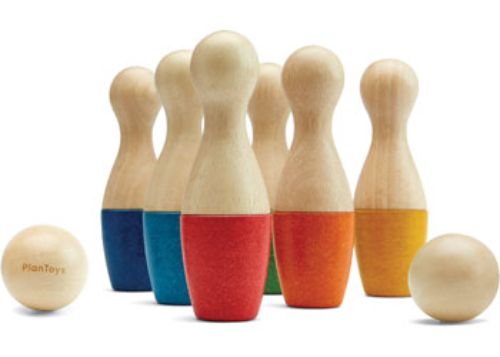 Colorful eco-friendly bowling set for kids, promoting motor skills and outdoor play, suitable for ages 2 and up.