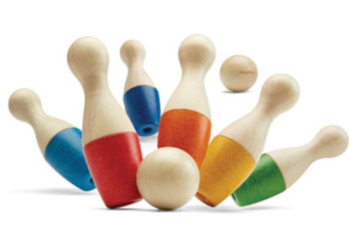 Colorful eco-friendly bowling set for kids, promoting motor skills and social play indoors or outdoors.