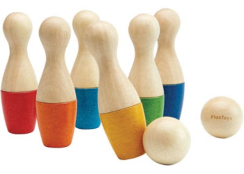 Colorful eco-friendly bowling set for children, promoting motor skills and imaginative play indoors and outdoors.