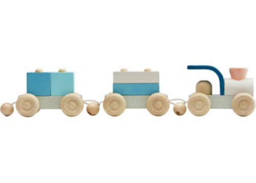 Colorful eco-friendly wooden stacking train set for toddlers, promoting imaginative play and fine motor skills.