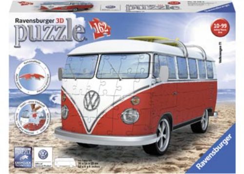 3D model puzzle of a Volkswagen Kombi Bus, featuring 162 precise pieces for easy assembly without glue, measuring 30 x 14 x 15 cm.