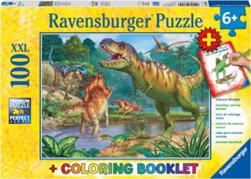 Ravensburger World of Dinosaurs 100pc puzzle and coloring book set, featuring vibrant dinosaur illustrations for creative learning.