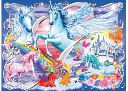 Colorful 100-piece unicorn puzzle featuring glittery artwork, perfect for sparking kids' imaginations and creativity.