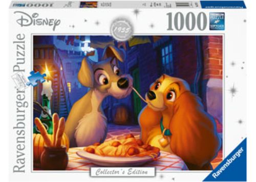 Disney Moments 1955 Lady and Tramp puzzle featuring 1000 colorful pieces showcasing iconic scenes from the animated classic.