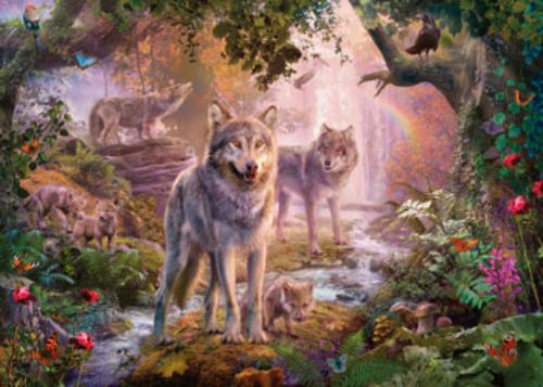 A 1000-piece Ravensburger puzzle featuring majestic wolves in a vibrant summer landscape, perfect for family fun and decor.