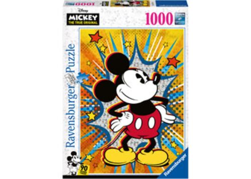 Colorful 1000-piece Ravensburger Disney Retro Mickey puzzle, featuring vibrant art of Mickey Mouse, ideal for fans and collectors.
