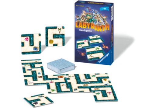 Ravensburger Labyrinth Card Game featuring vibrant illustrations and strategic gameplay for family fun and adventure.