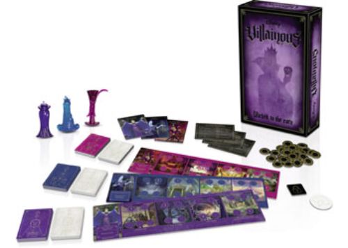 Disney Villains strategy game featuring Cruella, Mother Gothel, and Pete; 2-6 players with unique objectives and gameplay.