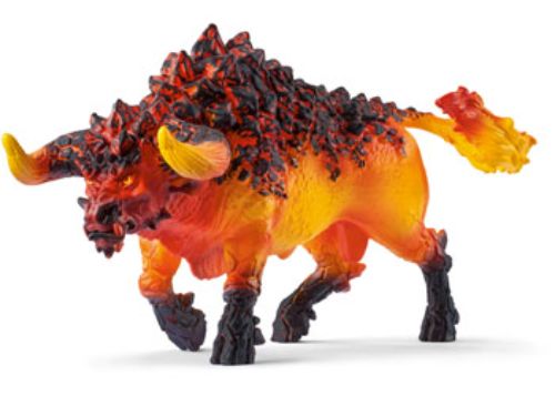 A fierce Schleich Fire Bull with glowing horns and a flaming tail, crafted from cooled lava, ready for imaginative play.