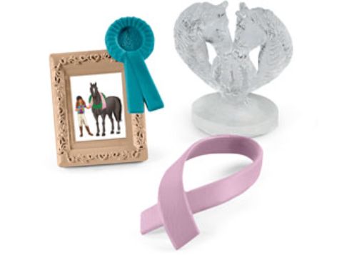 Schleich Accessories Tournament set includes vibrant horse competition gear, trophies, and ribbons for imaginative play.