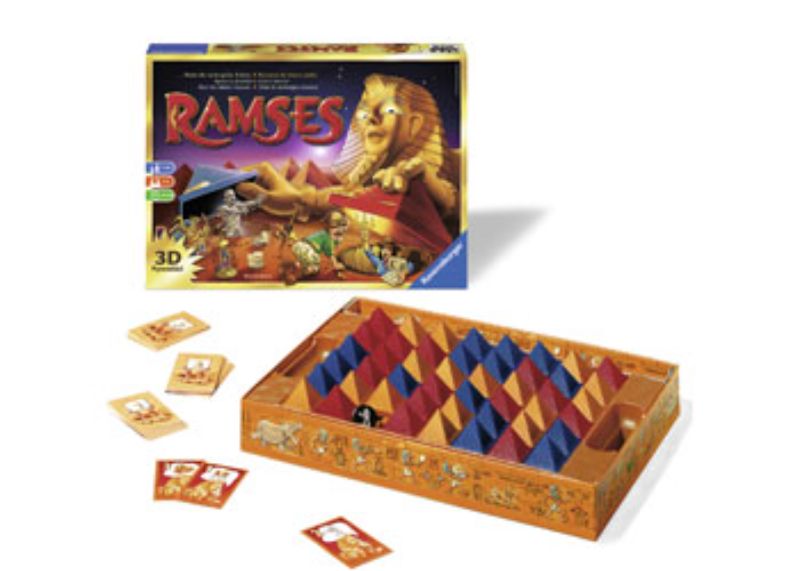 Board game featuring players navigating pyramids to uncover hidden treasures while facing obstacles like curses and mummies.