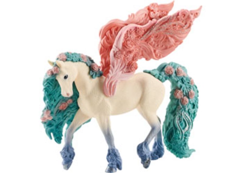 Colorful Schleich Flower Pegasus figure with glitter, perfect for imaginary play and storytelling in Bayala's magical meadows.