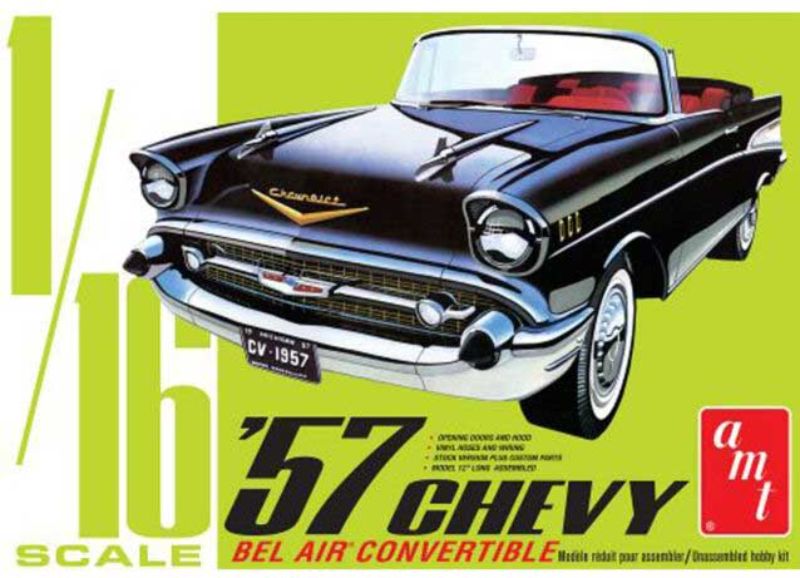 Detailed model kit of a 1957 Chevy Bel Air Convertible, perfect for car enthusiasts and hobbyists.