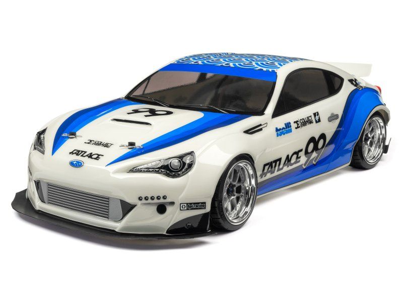 Alt text: Clear polycarbonate body shell for 200mm RC cars, featuring stunning FATLACE Subaru BRZ livery and aerodynamic details.