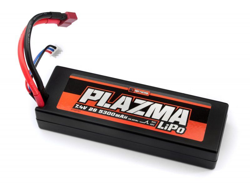High-performance 7.4V 2S 5300mAh LiPo battery for RC cars, designed for power and reliability with T-Plug connector and JST-XH lead.