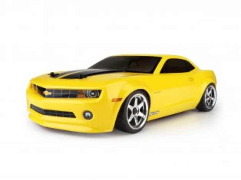 Clear polycarbonate body for RC cars, 200mm wide, inspired by 2010 Camaro with decals, light buckets, and molded rear wing.