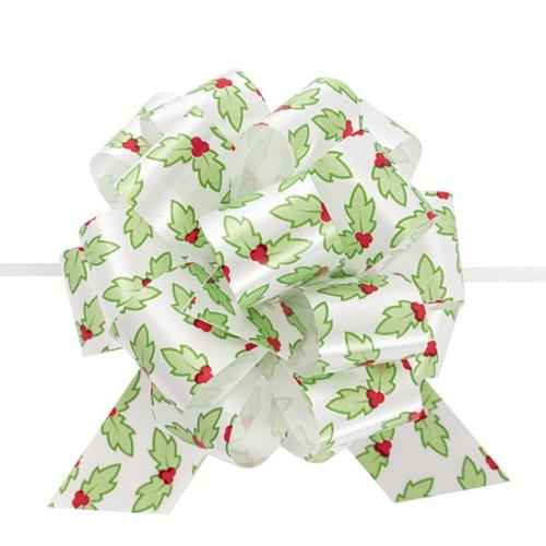 Ribbon Pull Bow Pom Pom Holly White Green Pack of 5 30mmx12.5cm