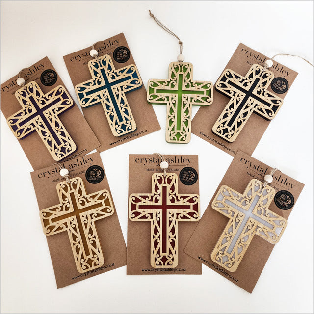 Hanging Ornament - Cross 11 Kowhaiwhai 2 (Black Satin Acrylic)