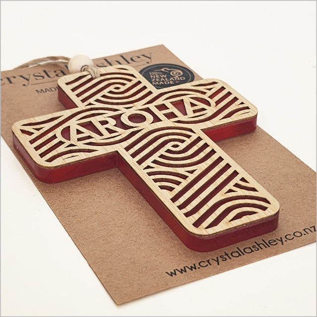 Hanging Ornament - Cross 12 Aroha 2 (Red Satin Acrylic)