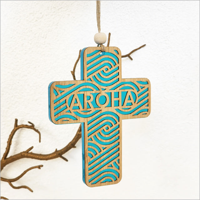 Hanging Ornament - Cross 12 Aroha 2 (Teal Satin Acrylic)
